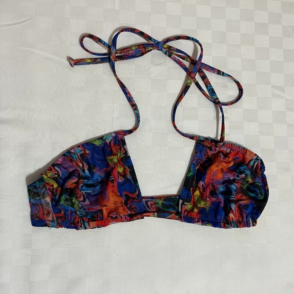 Gonza Bikini Top Size Small in Virginia Print Halter Neckline Blue Orange